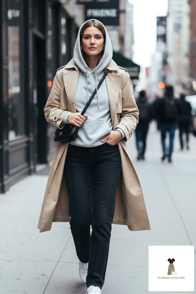 Trench Coat Layered Over a Hoodie