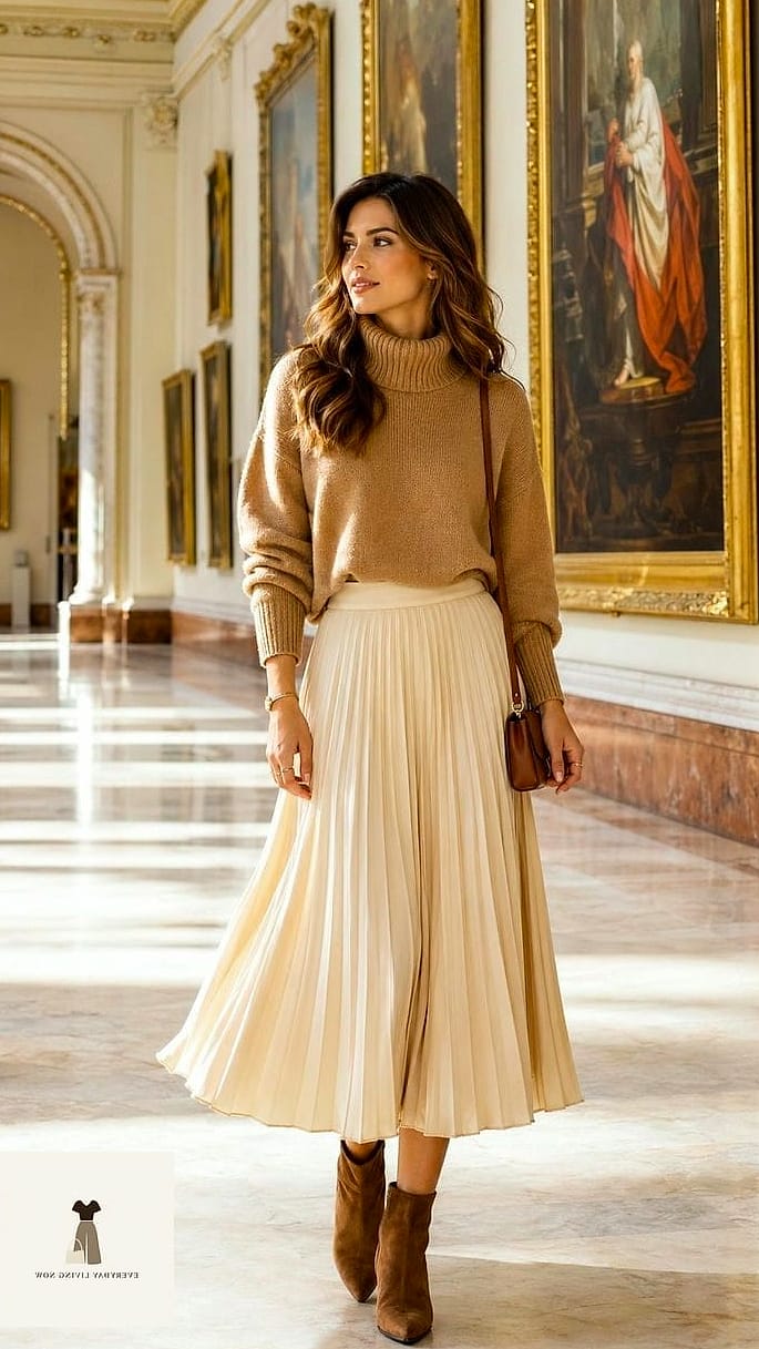 30 Museum Outfit That Are Trending Right Now 3 Turtleneck and Midi Skirt Combo