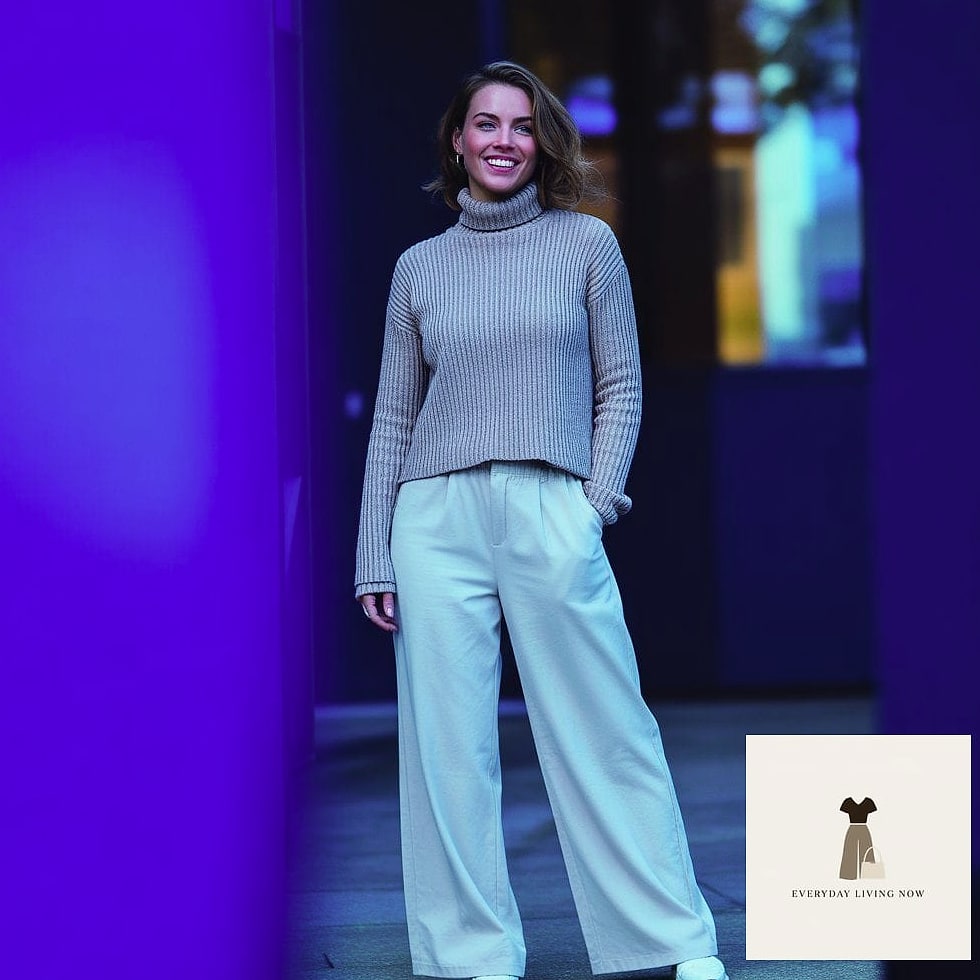 Turtleneck Tucked Into Wide-Leg Trousers