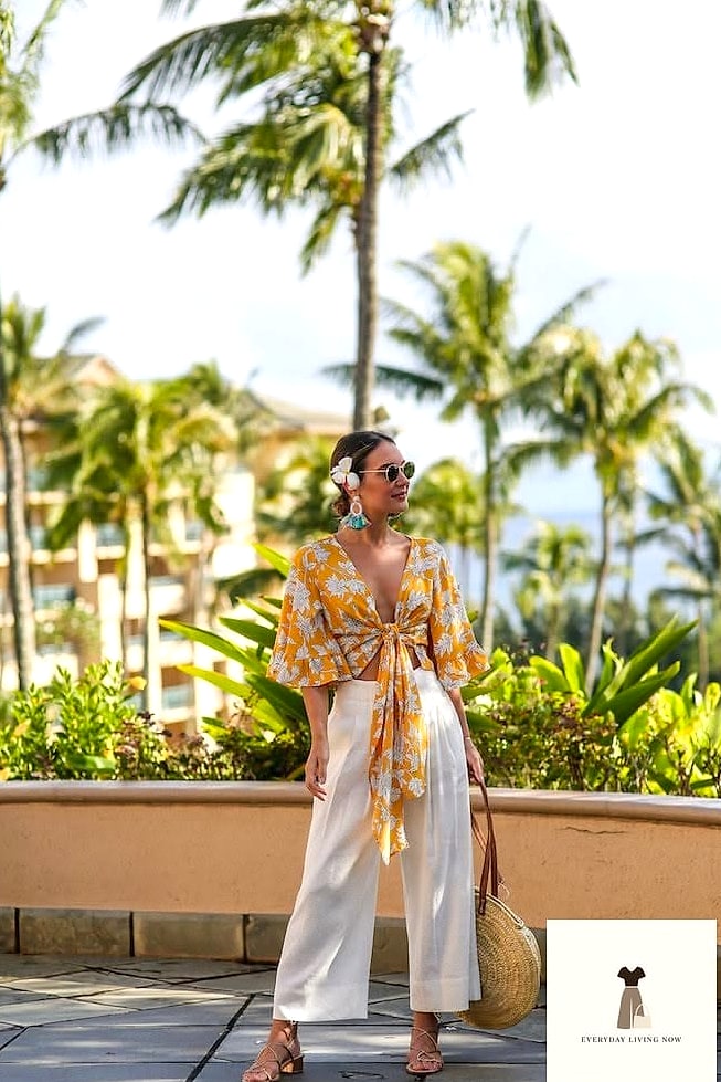 White Linen Pants with a Silk Scarf Top