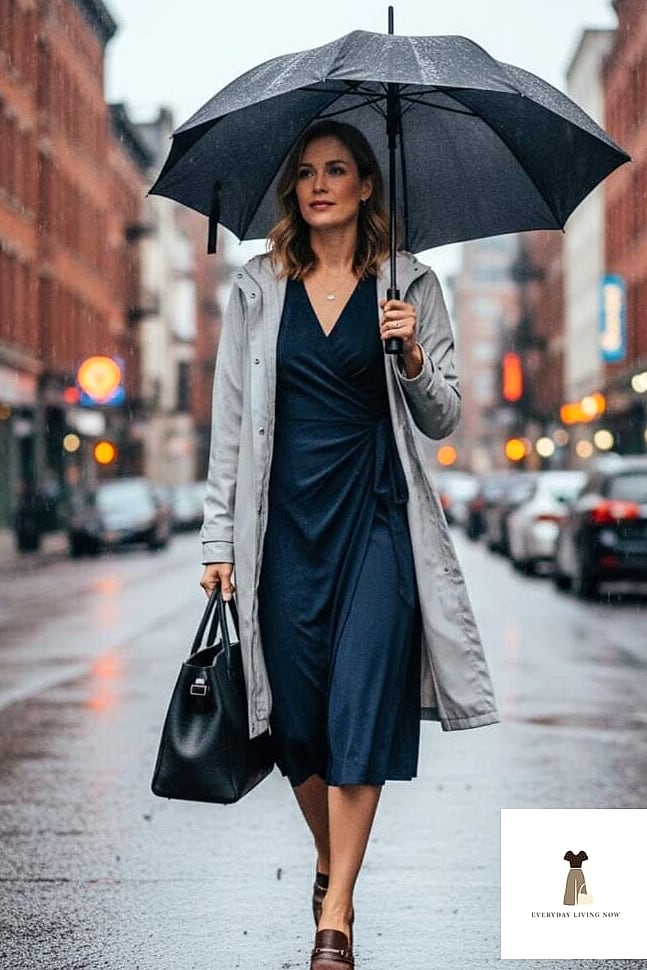 29 Rainy Day Outfit That Are Breathtakingly Beautiful 14 Wrap Dress With A Belted Trench