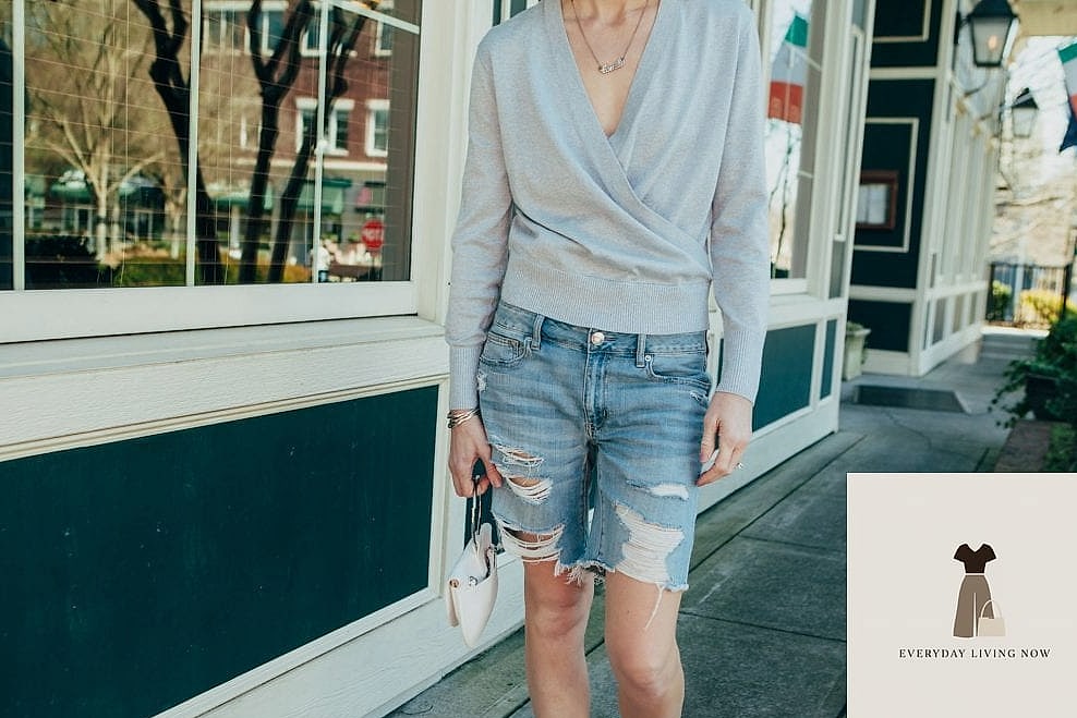 24 Jean Shorts Outfit That Will Make You Book Your Appointment Immediately 14 Wrap Top and Denim Cutoffs